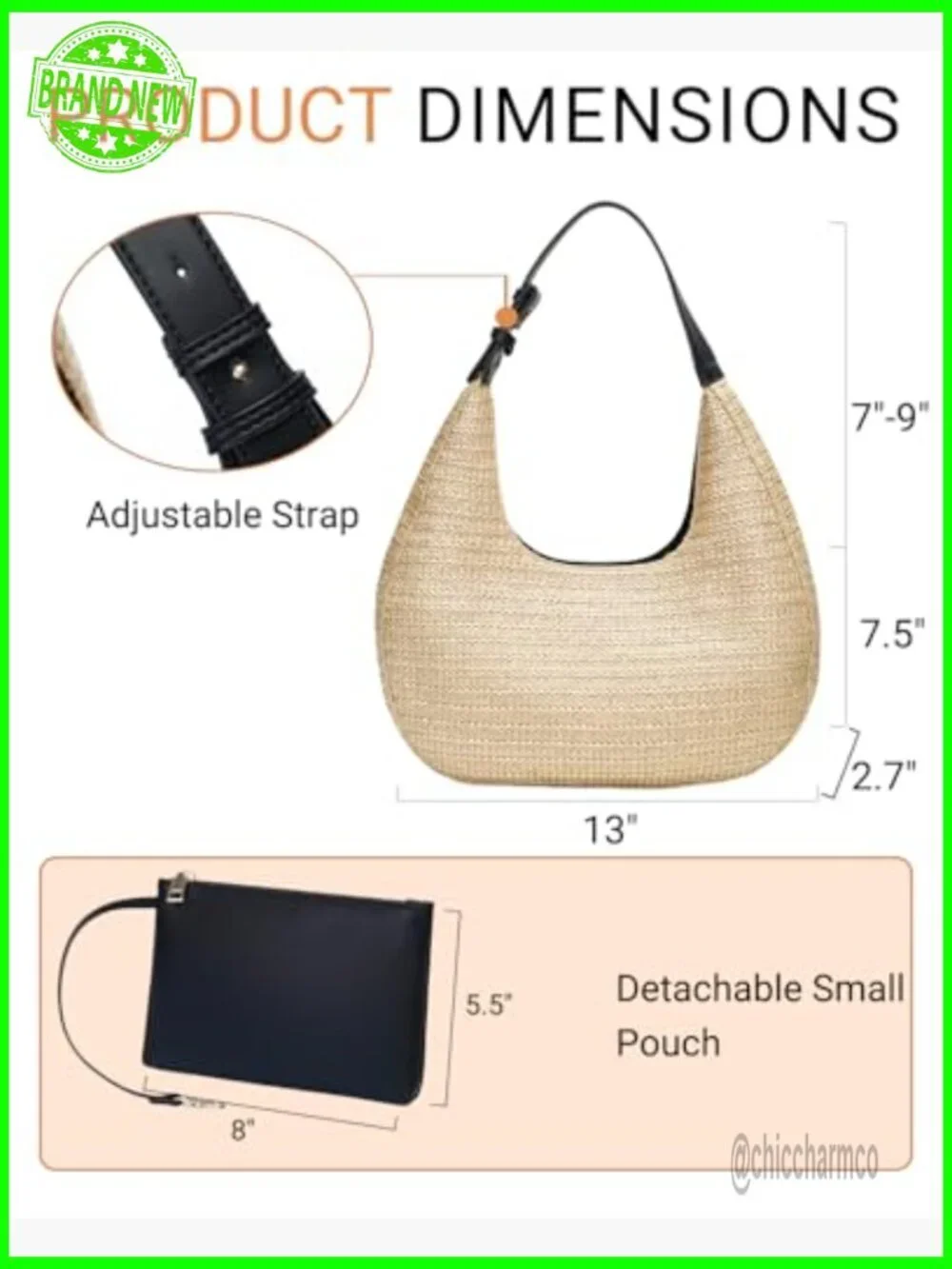 Straw Hobo Handbag with Adjustable Strap, Summer Beach Tote Purse